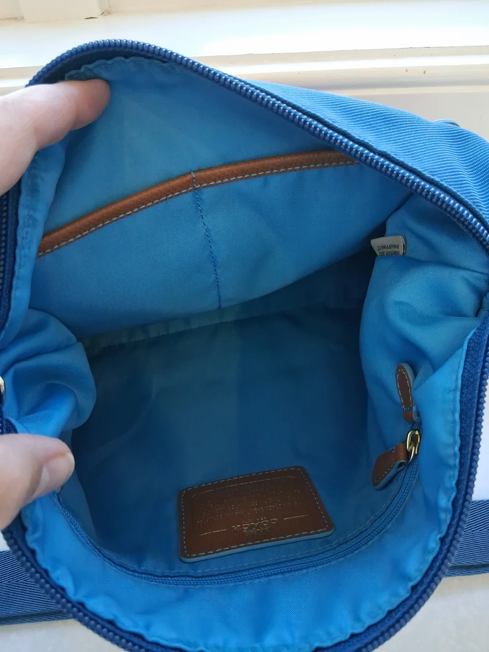 Coach Blue Nylon Crossbody with Brown Trim and Gold Hardware